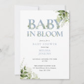 In Bloom Dusty Blue Greenery QR Code Baby Shower Einladung (Vorderseite)