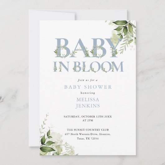 In Bloom Dusty Blue Greenery QR Code Baby Shower Einladung (Vorderseite)