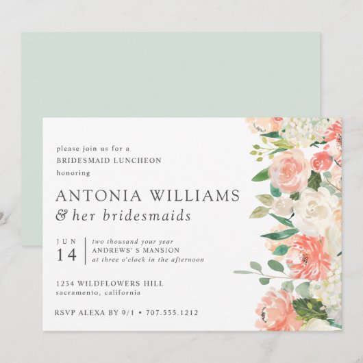 In Bloom Floral Peach Pink Bridesmaid Luncheon I Einladung (Vorne/Hinten)
