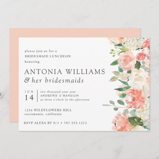 In Bloom Floral Pfirsich Pink Bridesmaid Luncheon Einladung (Vorne/Hinten)