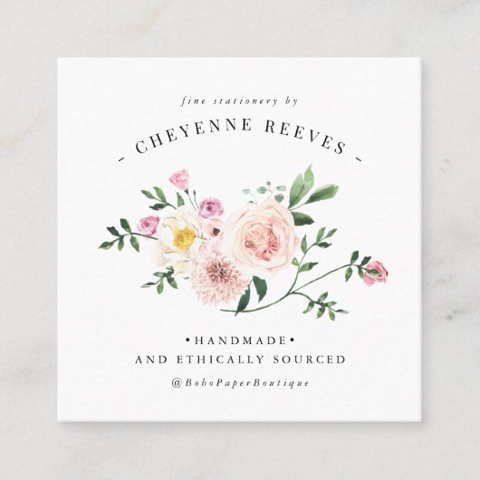 In Bloom | Vintages Blütenlogo Quadratische Visitenkarte (Vorderseite)