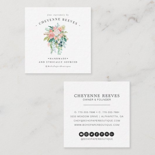 In Bloom | Vintages Blütenlogo Quadratische Visitenkarte (Vorne/Hinten)