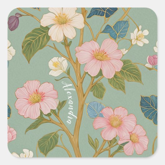 In Blossom: Pastelzweig mit rosa Blume Quadratischer Aufkleber (Vorderseite)