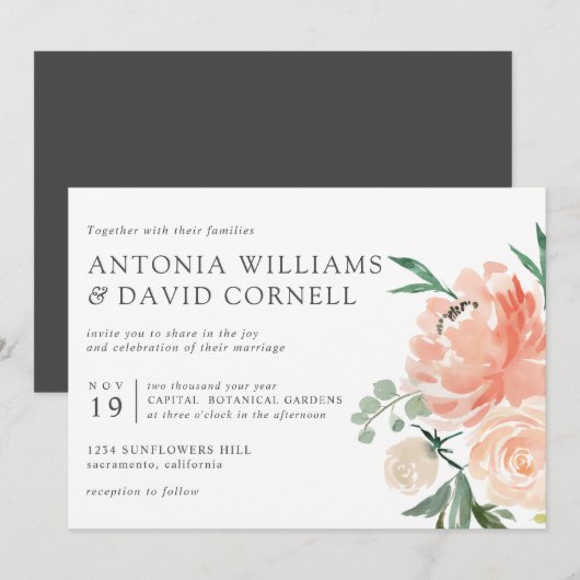 In Blüte | Chic Botanical Pink Floral weded Inv Einladung (Vorne/Hinten)