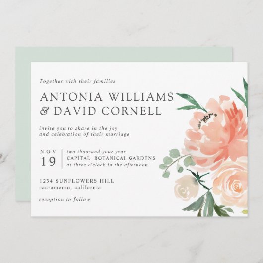 In Blüte | Chic Botanical Pink Floral weded Inv Einladung (Vorne/Hinten)