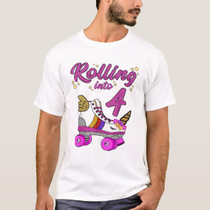 In den 4. Geburtstag rollendes Einhorn-Roller-Ska- T-Shirt