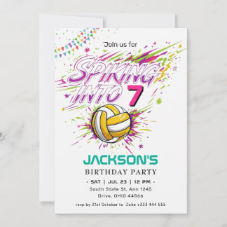 "In den 7. springen" Neon-Volleyball-Geburtstag Einladung