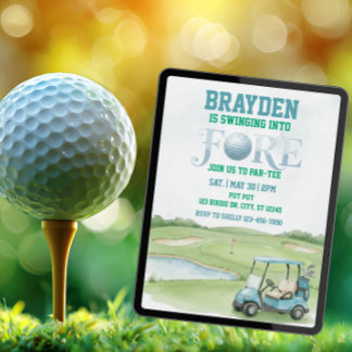 In den Fore schwingen, Blau Golf 4. Geburtstag Einladung