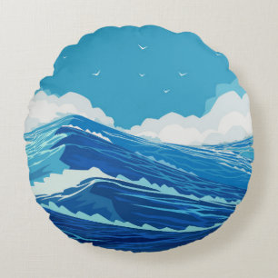 In den Ozean. Schöne große Meereswellen und Blau Rundes Kissen