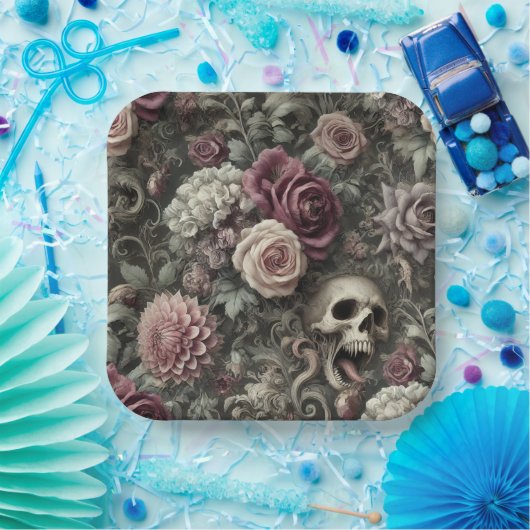 In den Rose hauen - gotischer Blumenschädel Pappteller (Party)