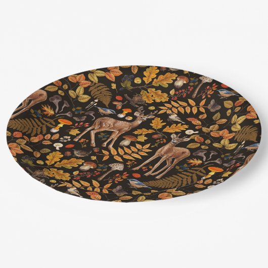 In den Wald/Herbst Hirsche auf schwarz Pappteller (Schrägansicht)