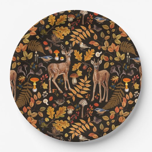 In den Wald/Herbst Hirsche auf schwarz Pappteller (Vorderseite)