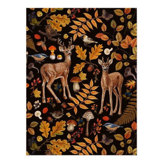 In den Wald/Herbst Hirsche auf schwarz Poster (Vorderseite)