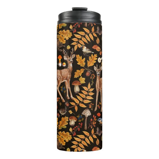 In den Wald/Herbst Hirsche auf schwarz Thermosbecher (Vorderseite)