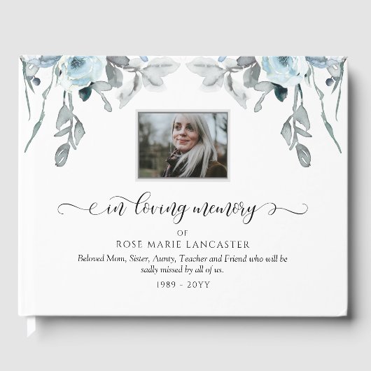 In der Liebe Erinnerung hellblaue Blüte, Beerdigun Gästebuch (Vorderseite)