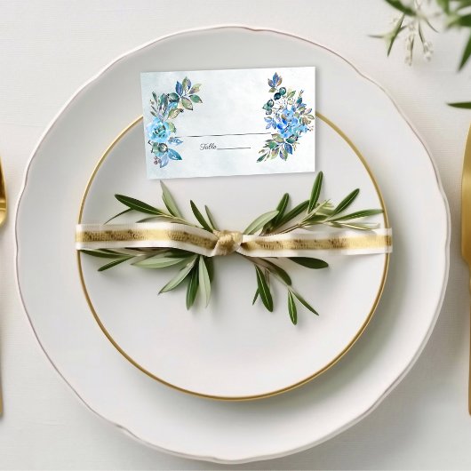 In der Liebe Watercolor Blue Floral Wedding Platzkarte