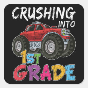 In die erste Klasse rasen - Geschenk für LKW-Liebh Quadratischer Aufkleber