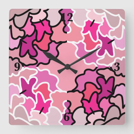 In die geometrische Form des rosa Mitteljahrs Quadratische Wanduhr (Vorderseite)