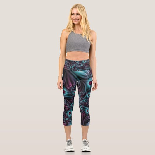 In die Tiefe Abstraktes Fraktal Blau rosa Kunst Capri Leggings (Vorderseite)