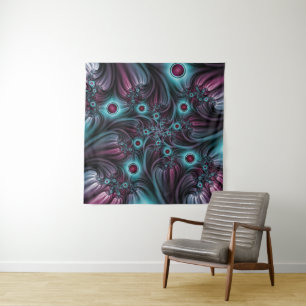 In die Tiefe Abstraktes Fraktal Blau rosa Kunst Wandteppich