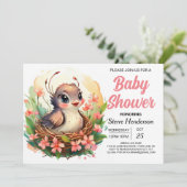 In die Woods Elegant Woodland Bird Baby Dusche Einladung (Stehend Vorderseite)