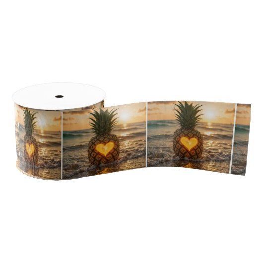 In eine Ananas geschnitztes Herz an einem Strand Ripsband (Spule)