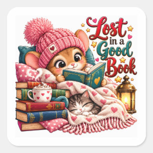 In einem guten Buch verlorene Katzenleserin Quadratischer Aufkleber