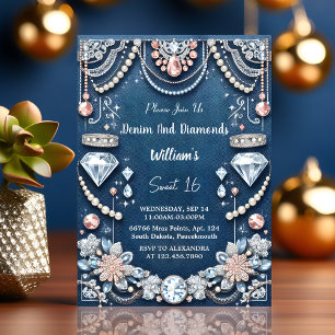 in elegantes Gem Bling Denim und Diamonds Sweet 16 Einladung