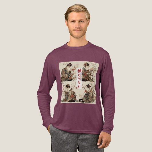 "In Full Bloom" Japanese Cat in Kimono Art Tri-Blend Shirt (Volle Vorderseite)