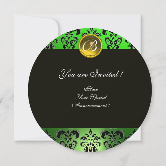 IN GRÜNEM, GELB, SCHWARZEN DAMASK-MONOGRAMM-SPIEL EINLADUNG (Rückseite)