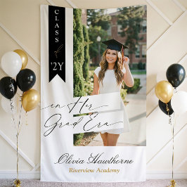In Her Grad Era Elegant Photo Graduation Party Banner