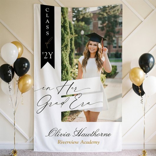 In Her Grad Era Elegant Photo Graduation Party Banner