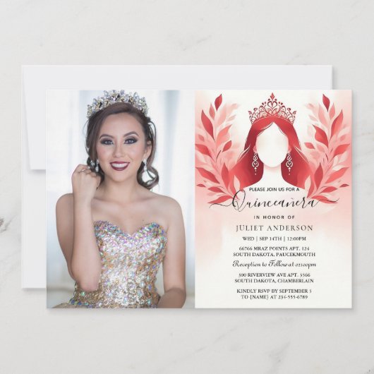 In Hot Pink Crown Tiara Black Lace Red Quinceanera Einladung (Vorderseite)