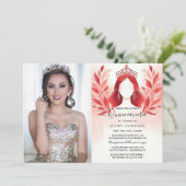 In Hot Pink Crown Tiara Black Lace Red Quinceanera Einladung (Stehend Vorderseite)