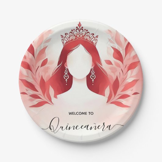 In Hot Pink Crown Tiara Black Lace Red Quinceanera Pappteller (Vorderseite)