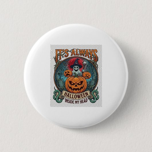 In Ihrem Kopf ist es immer Halloween Kürbis Geist Button (Vorderseite)