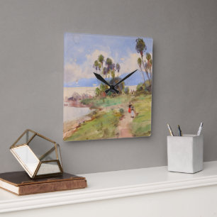 In Jamaica Fine Art Watercolor Tropical Landschaft Quadratische Wanduhr