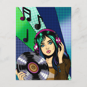 In Kontakt bleiben   Pop-Art-Mädchen mit Schallpla Postkarte