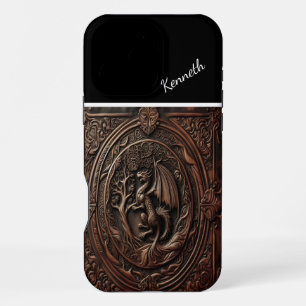 In Leder geschnitzter Drache iPhone 16 Pro Max Hülle