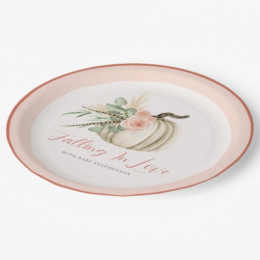 In Liebe fallen Wasserfarbenkürbis Pink und Rost Pappteller (Schrägansicht)