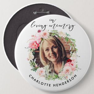 "In liebevoller Erinnerung" Foto & rosa Pfingstros Button