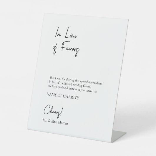 In Lieu favors Öko Friendly Wohltätigkeit Wedding Sockelschild (Vorderseite)