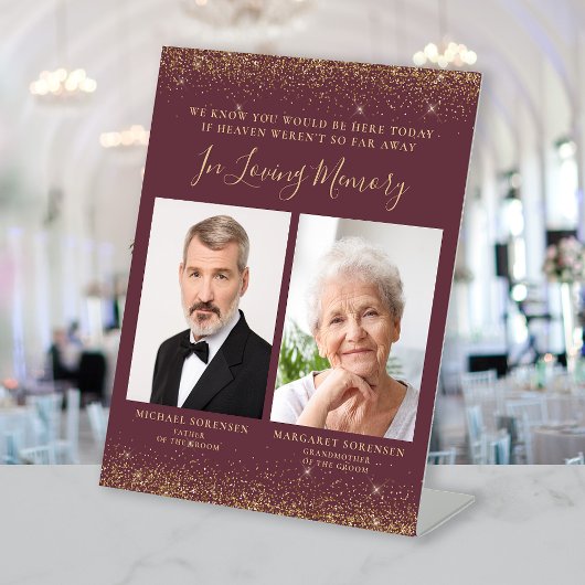 In Love Memory 2 Foto Burgundy Gold Wedding Sockelschild