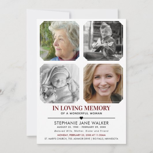 In Love Memory | 4 Foto Collage Beerdigung Einladung (Vorderseite)