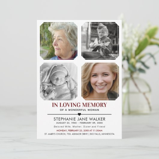 In Love Memory | 4 Foto Collage Beerdigung Einladung (Stehend Vorderseite)