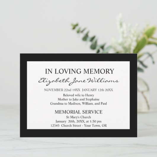 In Love Memory | Beerdigung | Einfache schwarze Gr Einladung (Stehend Vorderseite)