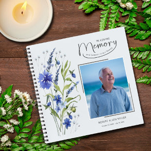 In Love Memory Blue Floral Begräbnis Gästebuch Notizblock