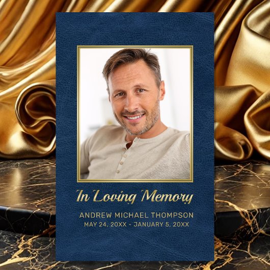 In Love Memory Blue Gold Foto Begräbniskarte Visitenkarte