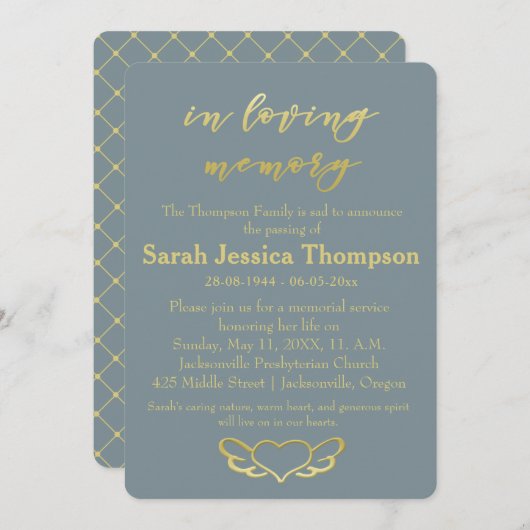 In Love Memory - Blue & Gold Memorial Service Einladung (Vorne/Hinten)
