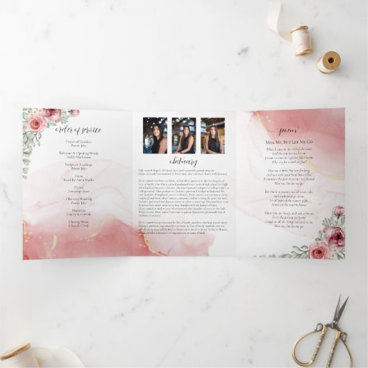 In Love Memory Blush Red Blume Beerdigung Dreifach-gefaltete Programmkarte (Innenseite)